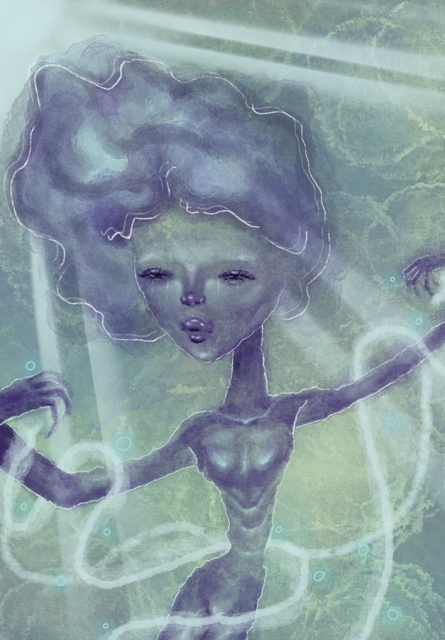 Sea crwature in the ocean floating in the mist of lights