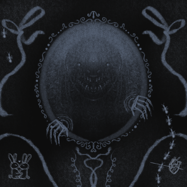 evil bunny peaking out the mirror