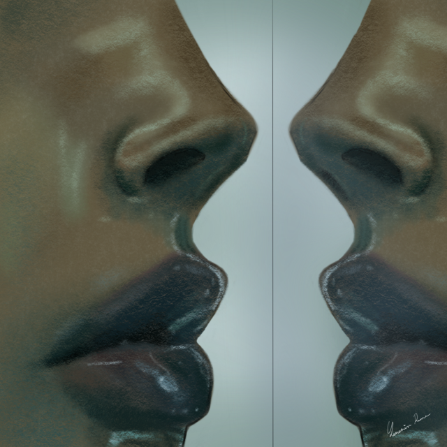 A reflection of lips and a nose
