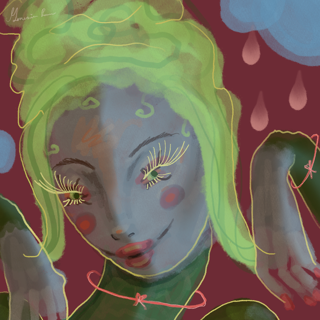 A woman in green with clown like blush and raining cloud behind her