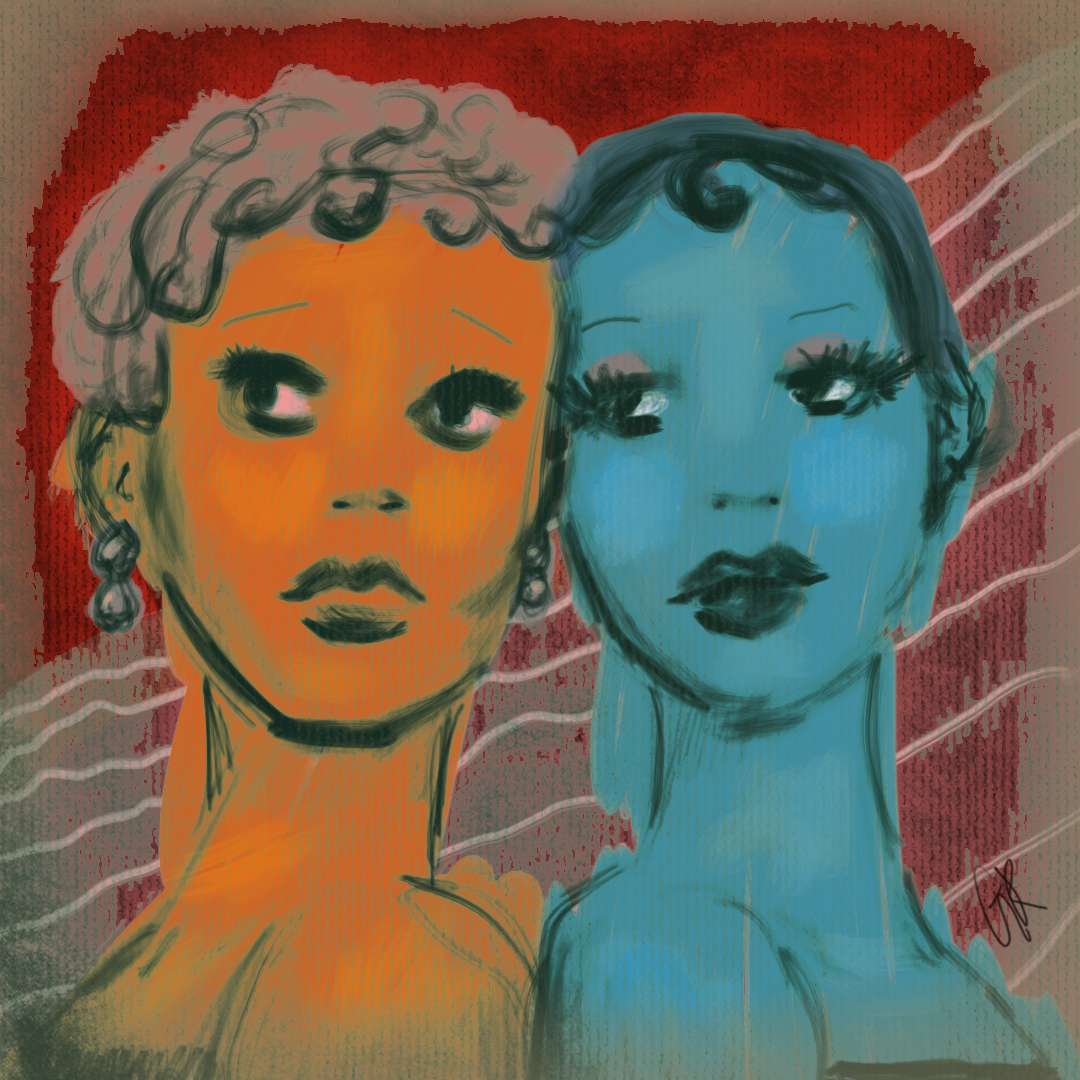 An anxious woman in orange and a sad woman in blue