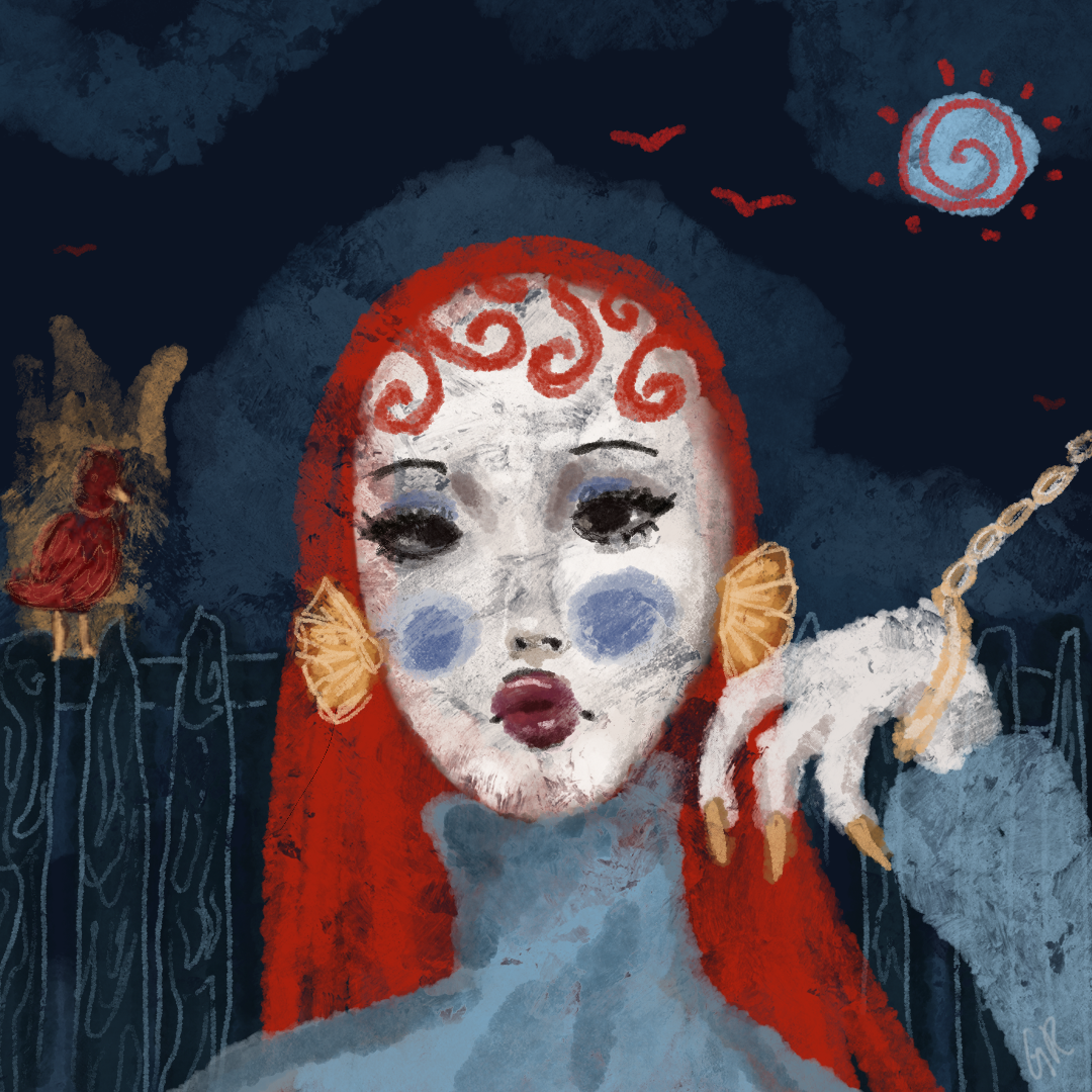 A handcuffed woman with a burning bird behind her