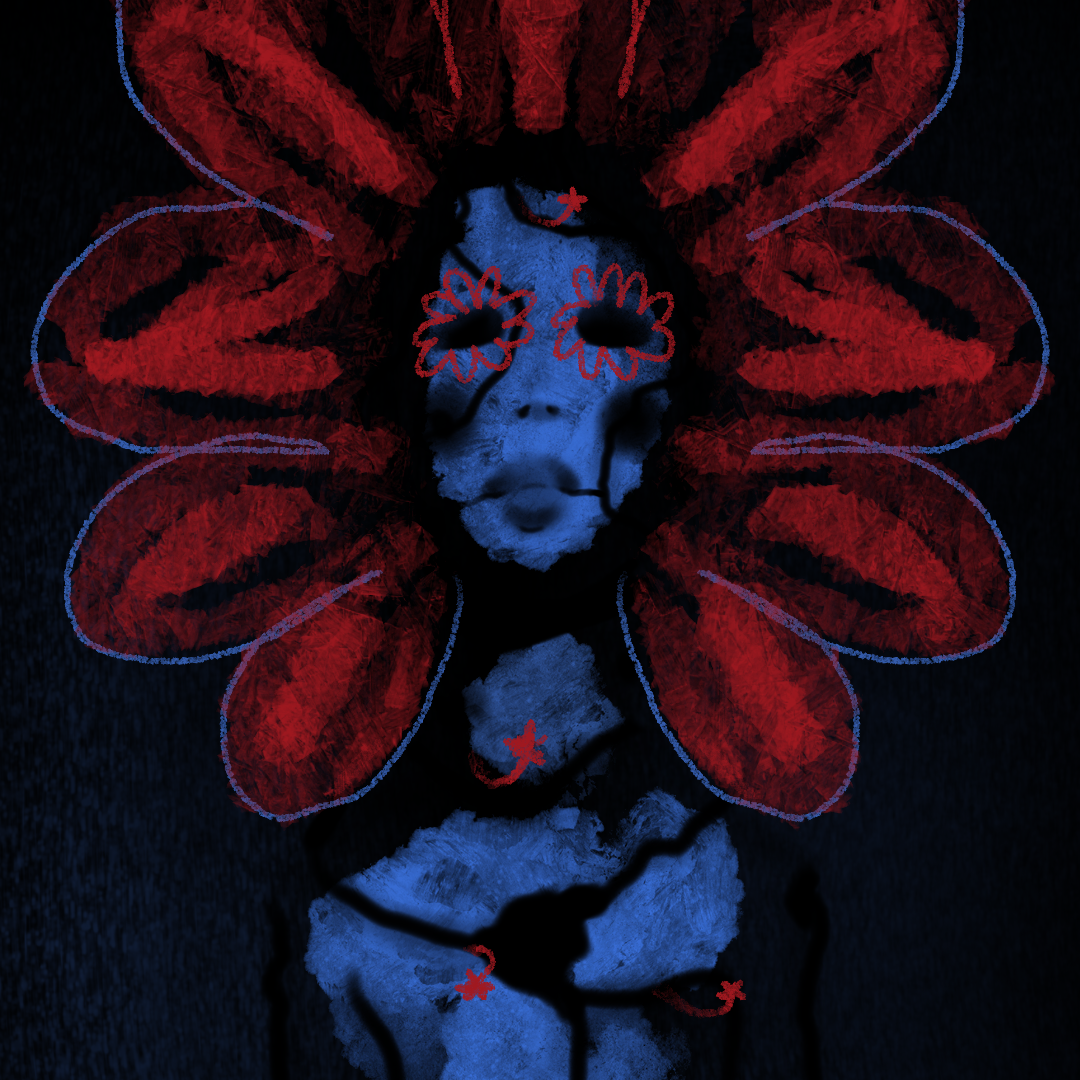 Blue woman in red petals from her flower crown