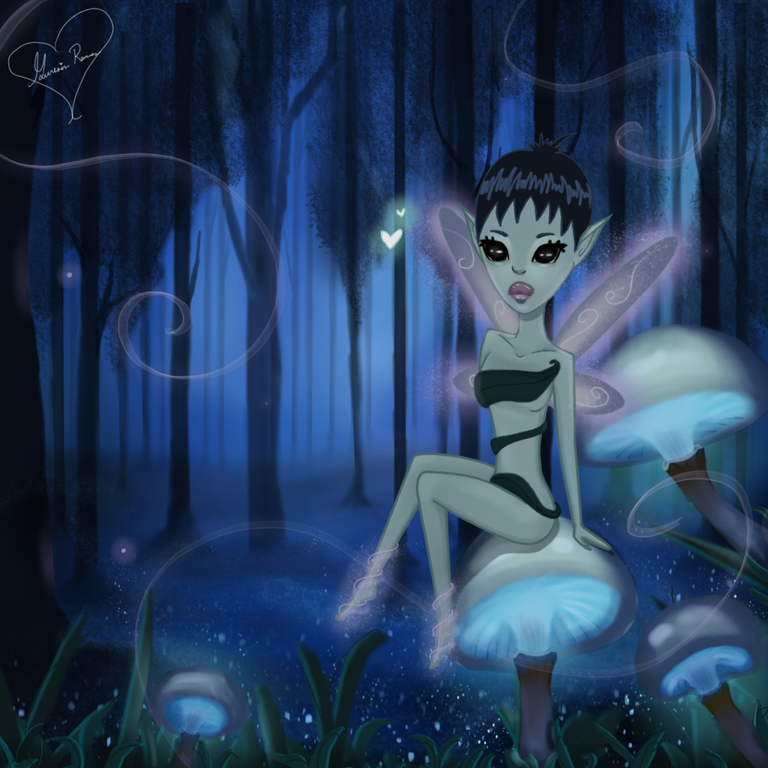 fairy in a mushroom blue forest