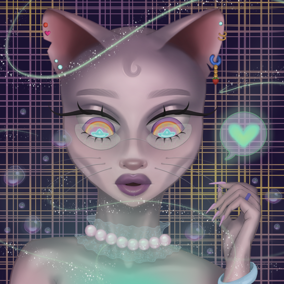 A cat woman with pearls with a grid behind her