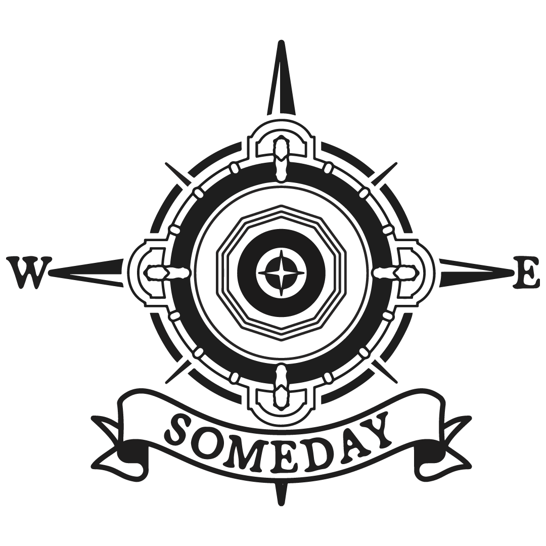Someday logo, a line drawing of a compass rose atop a swirling banner which reads Someday in all caps.