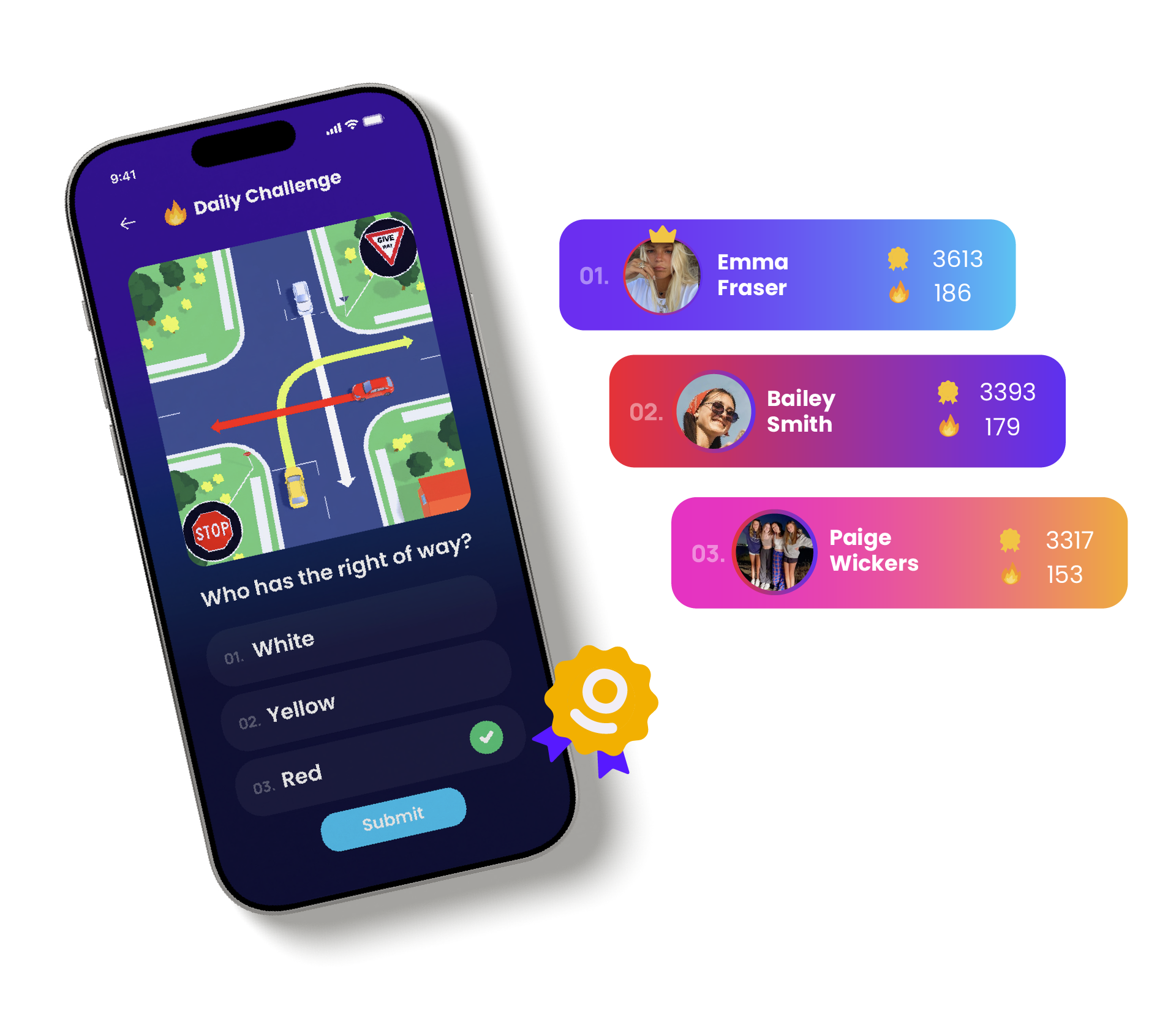 Road intersection and question on a mobile device, with leaderboard UI elements