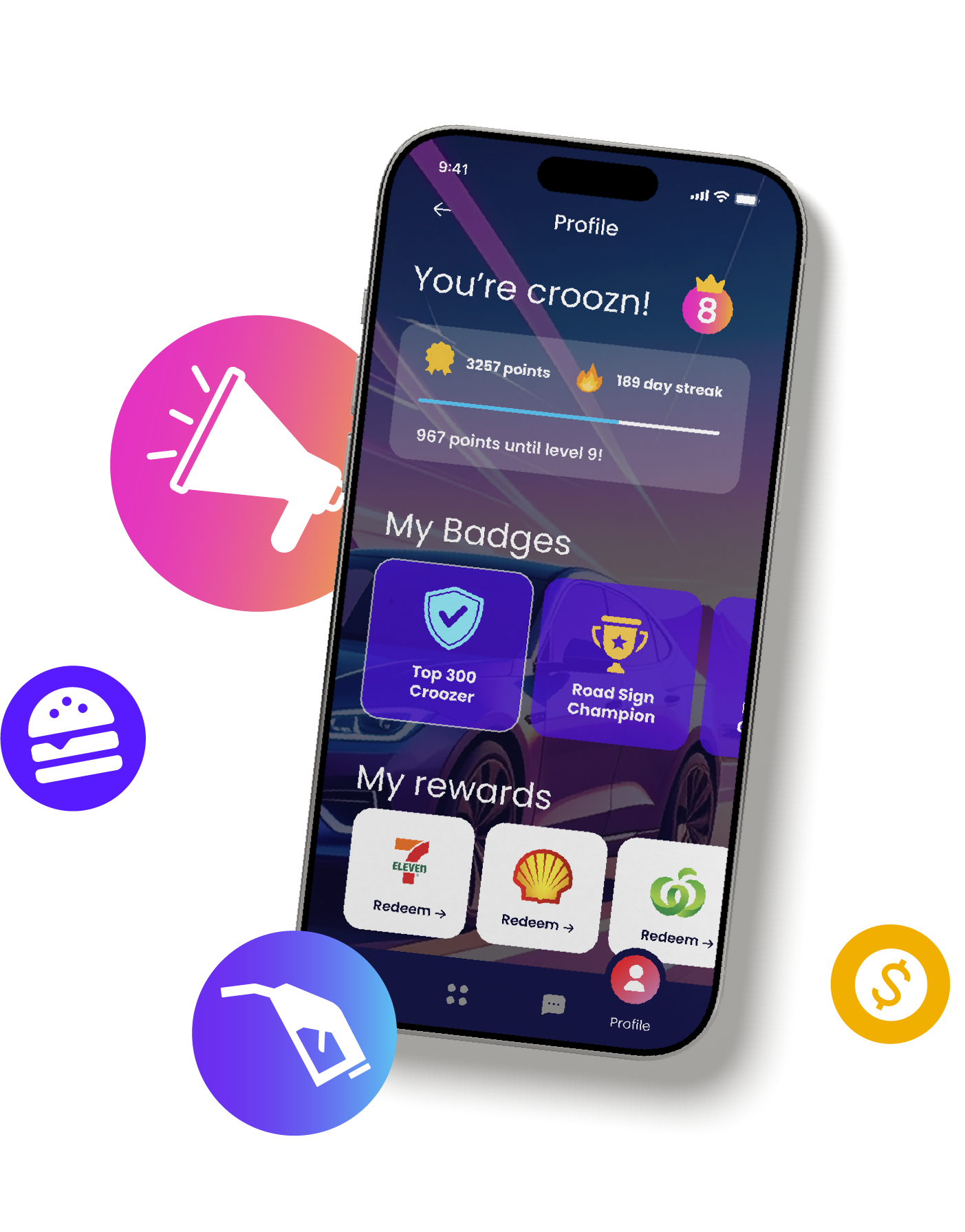 Croozn UI with Badges and partner rewards