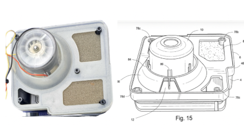 Side-by-side image showing a photographic view of a mechanical device with a fan and a corresponding detailed technical patent drawing labeled Fig. 15.