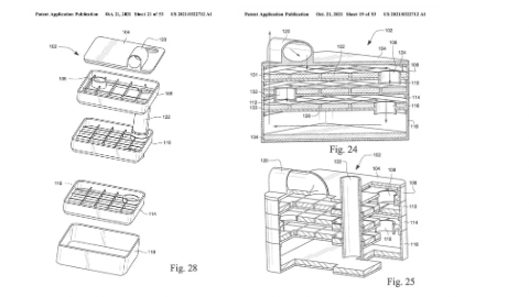 Technical drawings illustrating different views and exploded diagram of a multi-level storage or organizer unit with labeled components.