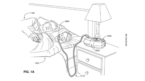 Diagram showing a sleeping person using a CPAP machine with a mask connected by tubing, placed on a bedside table next to a lamp.
