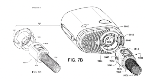 Technical line drawing of a handheld device with a flexible hose attachment, showing exploded and assembled views with numbered parts labeled.