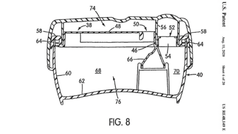Technical cross-sectional diagram of a container with internal components and labeled parts, from a U.S. patent.