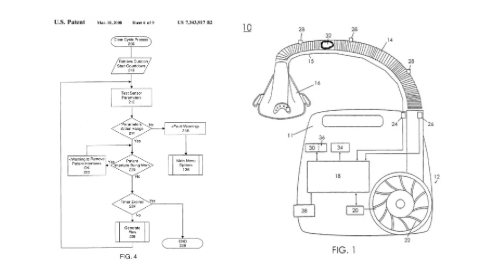 Patent diagram showing a schematic flowchart for sensor signal processing on the left and a mechanical assembly with fan, snorkel, and motor parts labeled on the right.