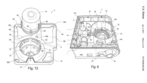 Technical patent drawings showing two perspective views of a mechanical assembly with numbered components and labeled parts.