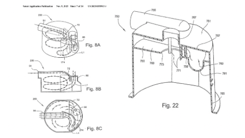 Technical drawings showing cross-sectional views and detailed parts of a mechanical device with labeled components.