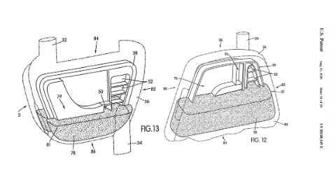Technical drawing of a vehicle side mirror assembly showing front and rear views with labeled components.