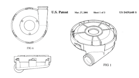 Patent drawing of a spiral-shaped mechanical part with a cylindrical outlet, shown in top, side, and perspective views.