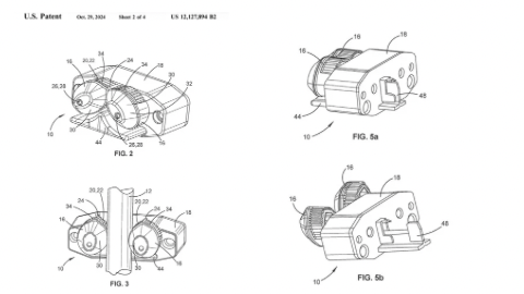 Patent drawing of a spiral-shaped mechanical part with a cylindrical outlet, shown in top, side, and perspective views.