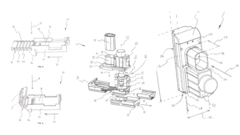 Patent drawing of a spiral-shaped mechanical part with a cylindrical outlet, shown in top, side, and perspective views.