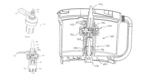 Line drawing of an electronic device shown from two angles, featuring a circular dial and various rectangular and square components.