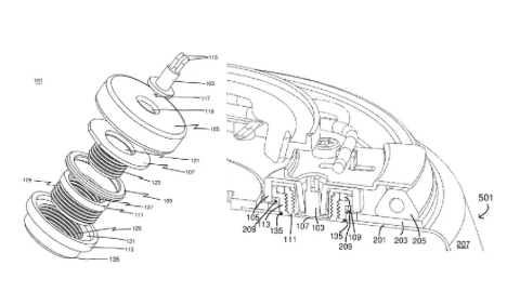 Patent drawing of a spiral-shaped mechanical part with a cylindrical outlet, shown in top, side, and perspective views.