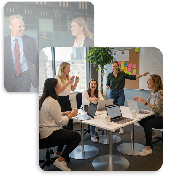 Two business images: a man and woman in suits smiling at each other, and a group of five women laughing and collaborating around a table with laptops, coffee, and sticky notes on a board in a modern office.