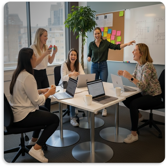 Five women in a modern office sharing a lively discussion around a table with laptops and coffee cups.