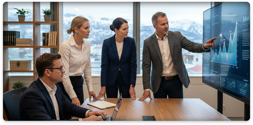 Four business professionals in formal attire discussing data on a large screen in a modern office.