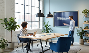 Two colleagues in a modern office, one sitting at a table with a laptop and the other standing, pointing at a digital screen displaying a presentation.