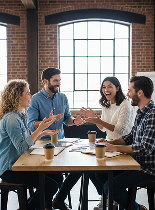 Four colleagues sitting around a table in a modern office, engaged in a lively discussion with coffee cups and notebooks on the table.