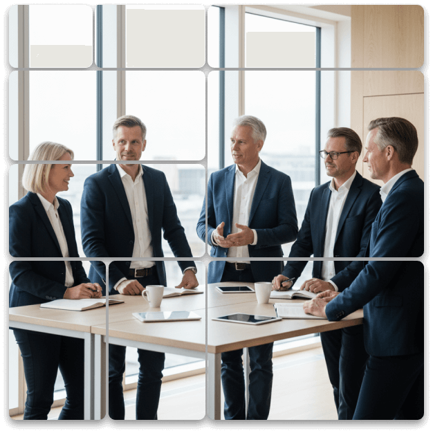 Five business professionals in suits having a discussion around a wooden table in a bright office with large windows.