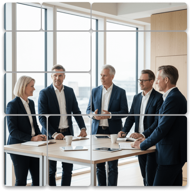 Five business professionals in suits standing around a table with documents and coffee cups in a modern office with large windows.