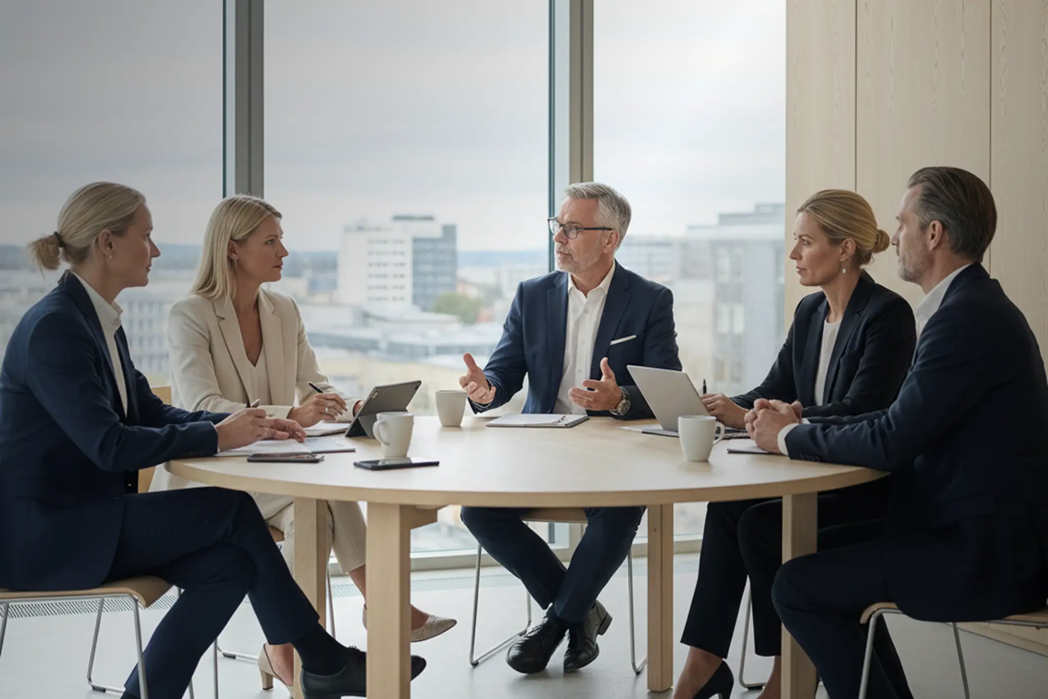 Five business professionals seated around a round table in a modern office, engaged in a discussion with city buildings visible through large windows behind them.