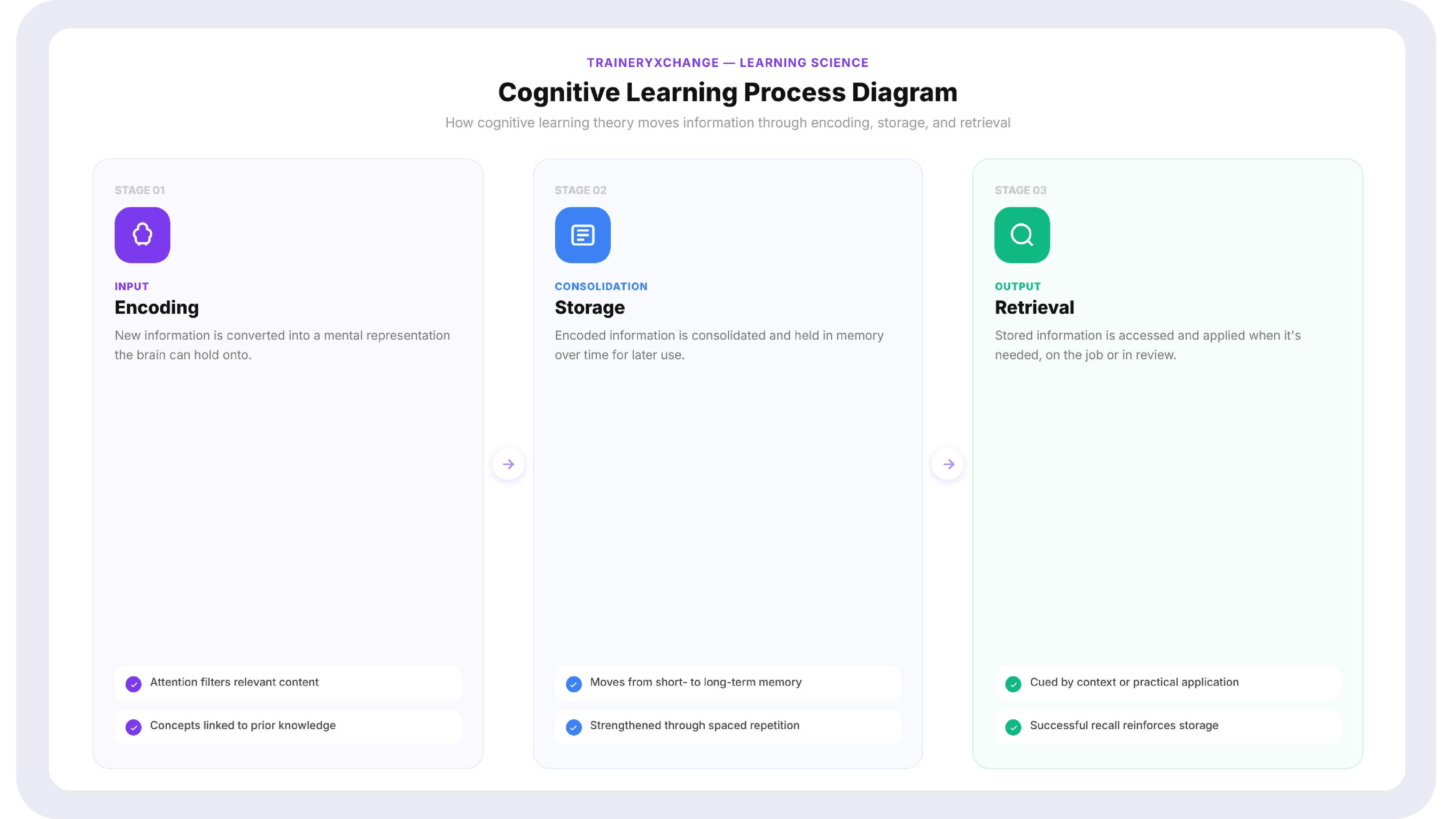 Diagram showing how cognitive learning theory processes information through encoding, storage, and retrieval
