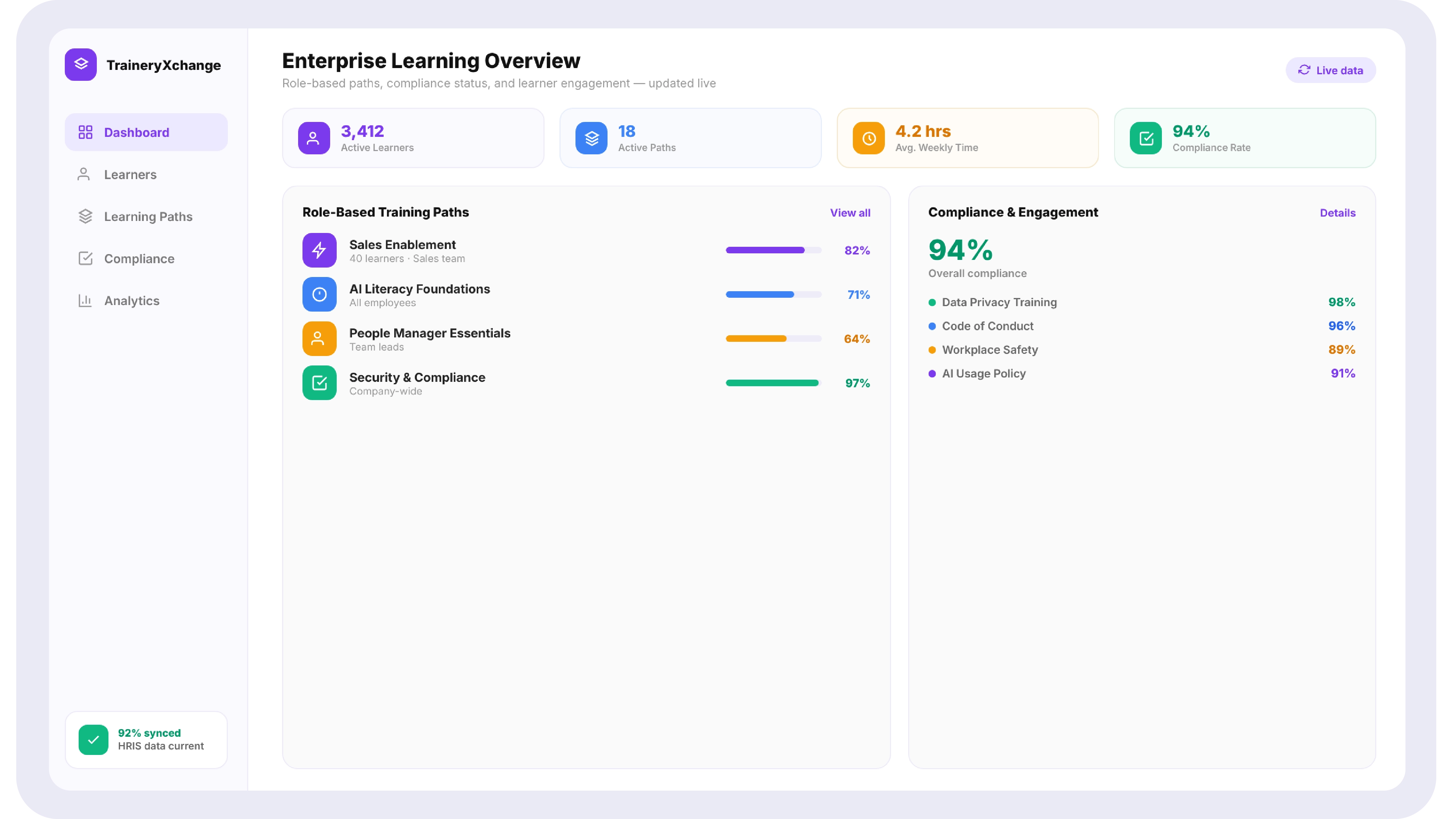 Enterprise learning platform showing role-based training paths, compliance tracking, and learner analytics