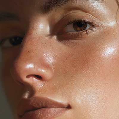 Close-up of a person's face showing smooth, glowing skin and brown eyes with natural freckles.