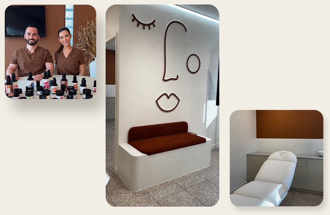 Three images showing a skincare clinic: two smiling staff in brown uniforms behind a table of skincare products, a waiting area with a minimalist face line art on the wall and a cushioned bench, and a white treatment chair in a clean, modern room with brown and white walls.