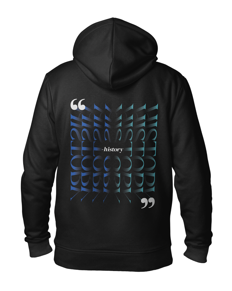 Black hoodie featuring blue and white ‘Topher Field’ history-themed graphic design on the back.