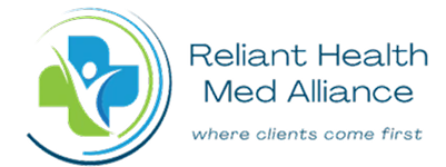 Logo of Reliant Health Med Alliance with a green and blue cross and leaf design, accompanied by the tagline 'where clients come first.'