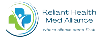 Logo of Reliant Health Med Alliance with a green and blue cross and leaf design, accompanied by the tagline 'where clients come first.'