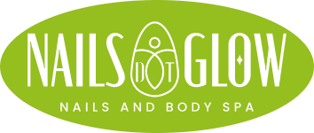 NAILS & GLOW nails and body spa logo with stylized leaf elements on a green oval background.