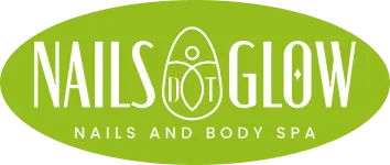 NAILS & GLOW nails and body spa logo with stylized leaf elements on a green oval background.