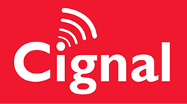 Cignal logo with white text and wireless signal waves on a red background.