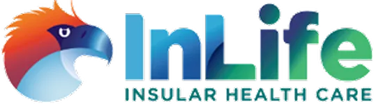 InLife Insular Health Care logo featuring a stylized bird head in gradient orange and blue with the text 'InLife' and 'Insular Health Care'.
