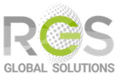 Logo for RGS Global Solutions with stylized letters and a dotted globe design.