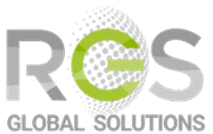 Logo for RGS Global Solutions with stylized letters and a dotted globe design.