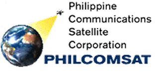 Logo of Philippine Communications Satellite Corporation with Earth and a yellow satellite signal beam.