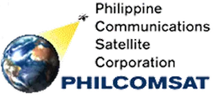 Logo of Philippine Communications Satellite Corporation with Earth and a yellow satellite signal beam.