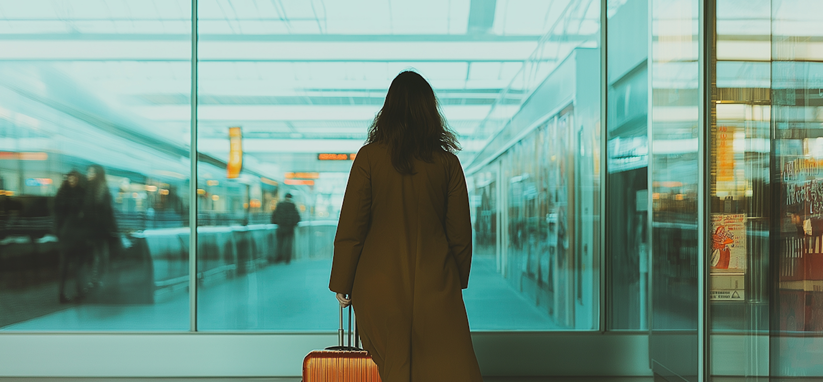 A woman stands in an airport holding a suitcase, surrounded by travelers and airport signage.